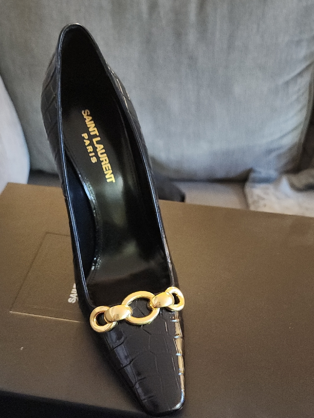 Saint Laurent Black Croc-Embossed Pump with Gold Chain